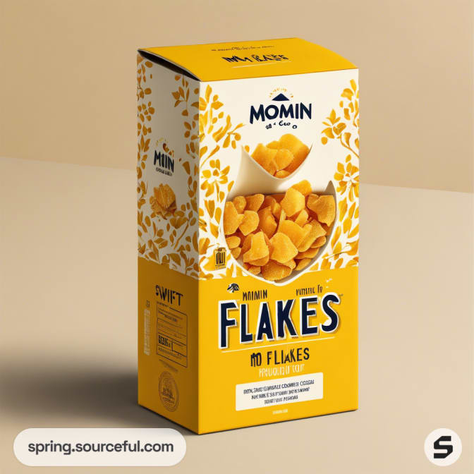 Yellow cereal box with floral design and flakes