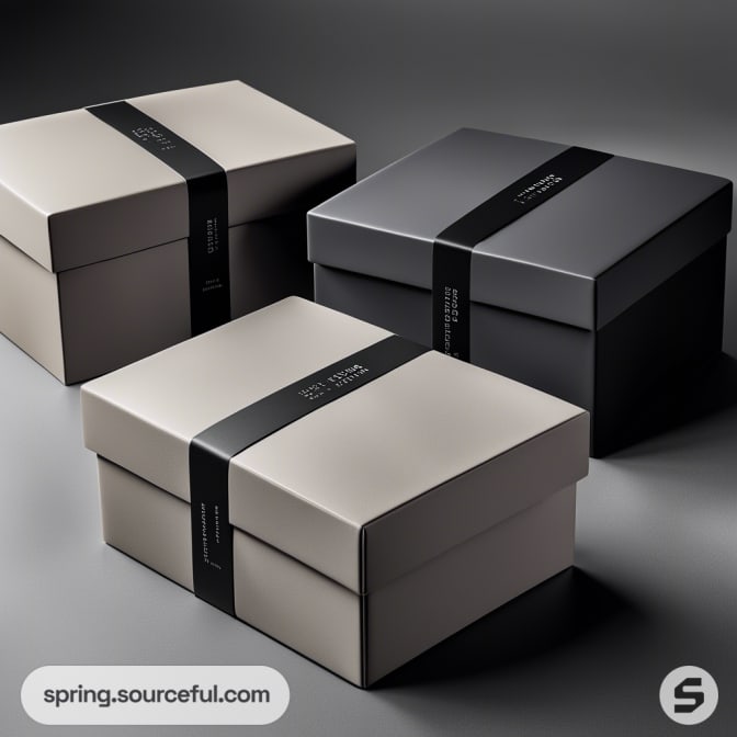 Three sleek rectangular boxes in black, grey, and beige with elegant black bands on a gray background.