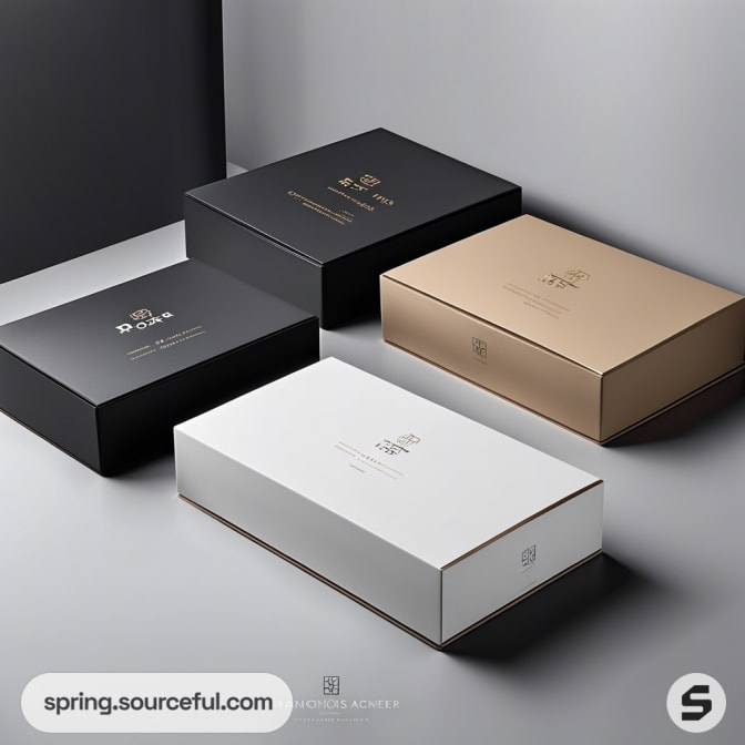 Black, gold, and white luxury gift boxes with elegant designs on a neutral background.