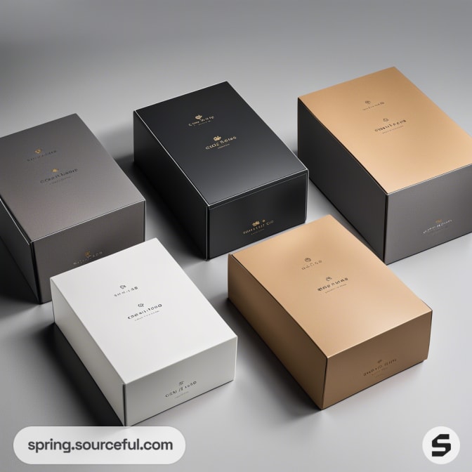 A set of five sleek rectangular boxes in black, gray, white, and gold arranged on a flat surface.