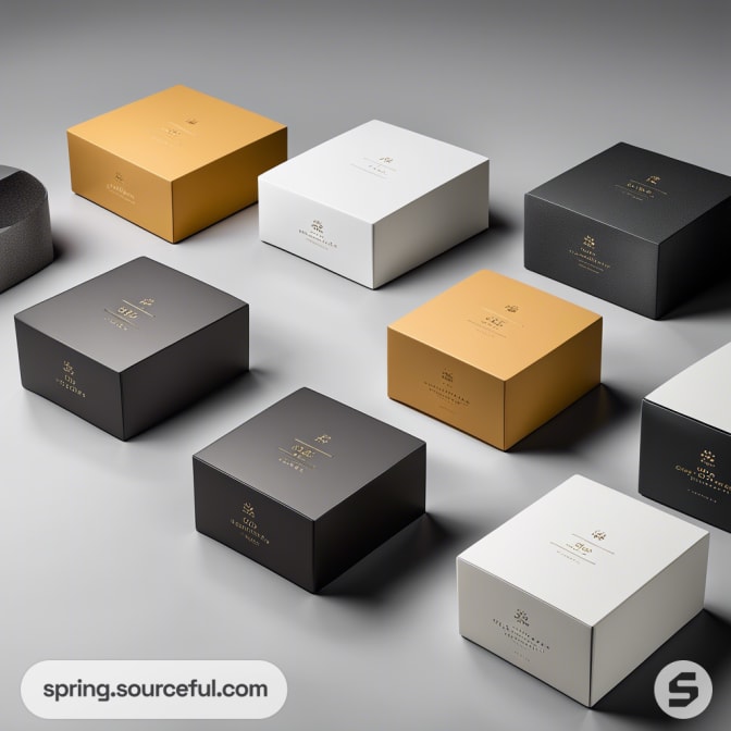 Assorted square boxes in gold, white, and black on a gray surface.