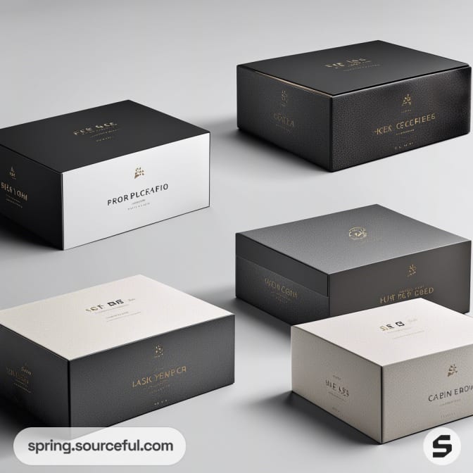 Assorted black and white mailer boxes with elegant minimalist designs and gold lettering on a white background.