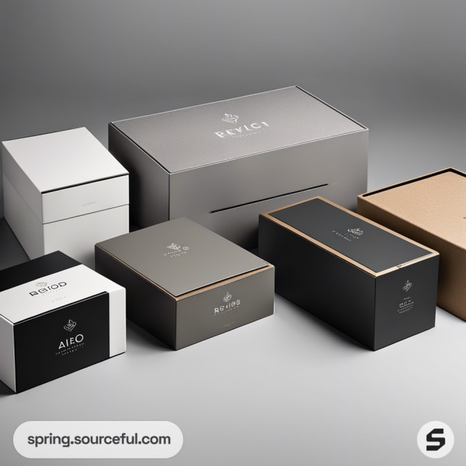 Assorted luxury packaging boxes in black, gray, white, and brown with clean, minimalistic design.