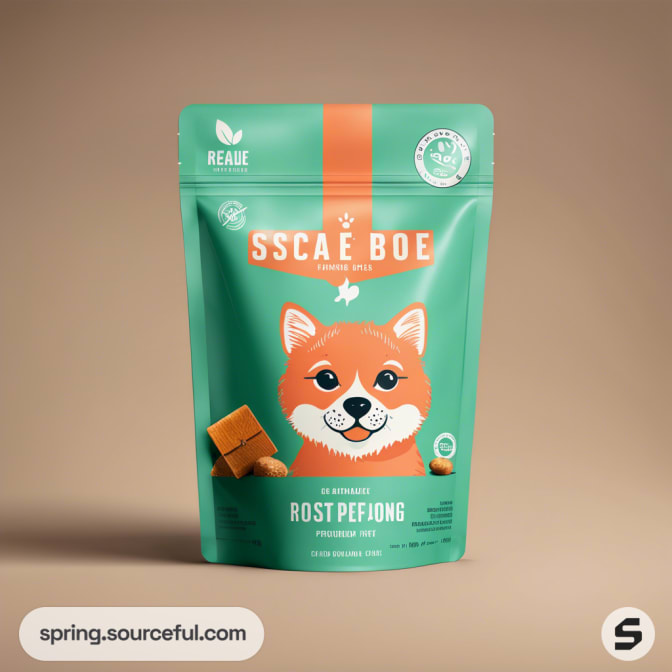 Green resealable pouch with cartoon dog, orange accents for pet food packaging.