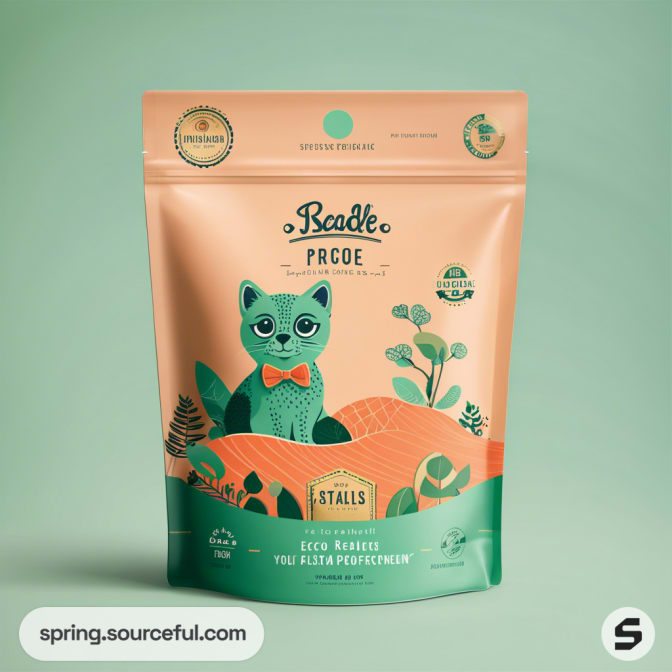 Cat food resealable pouch with a green and peach design, featuring a cat illustration and floral elements.