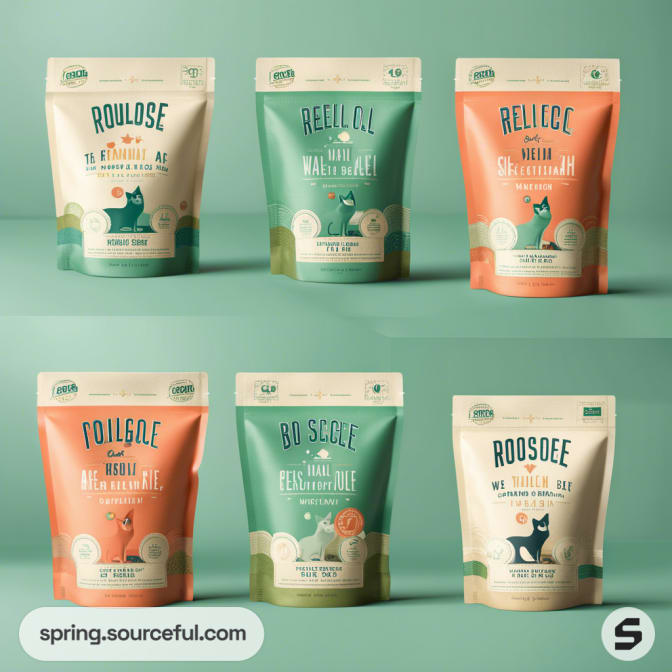 Six resealable pouches with vintage designs against a green background.