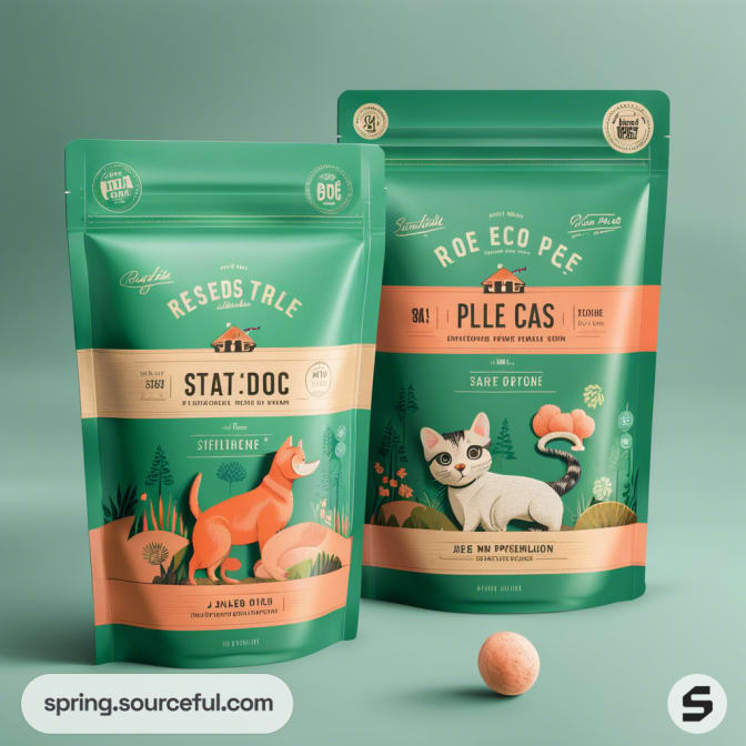 Two green resealable pouches with illustrated pets and natural scenery against a light green background.