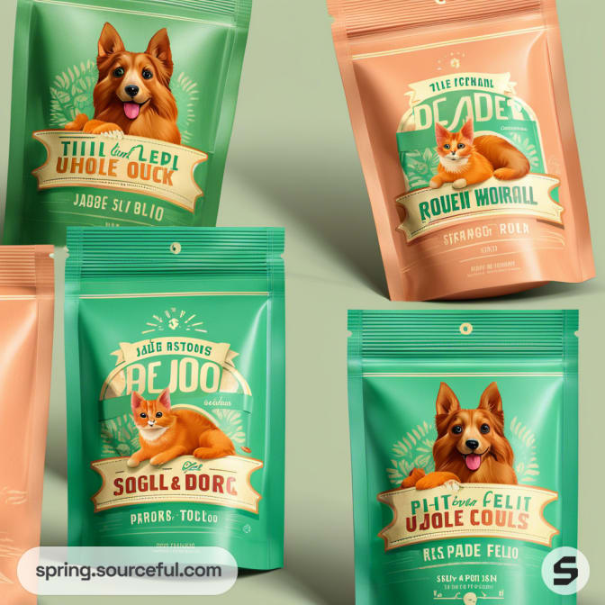 Assorted resealable pouches with illustrated dog and retro text design on green and pink backgrounds.