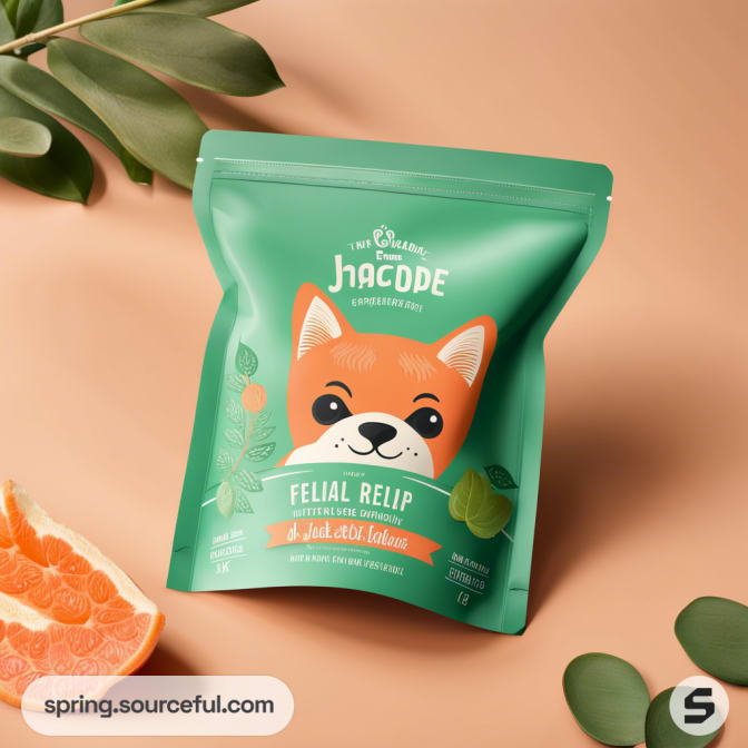 Green resealable pouch with a fox illustration, leaves, and grapefruit slice on a beige background.