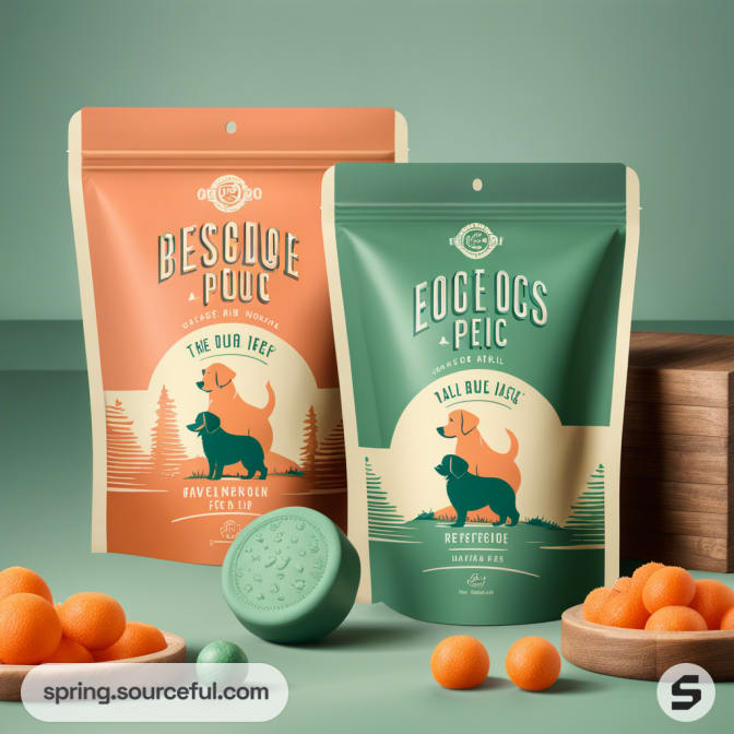 Two resealable pouches with dog illustrations in orange and green color schemes on a green surface.