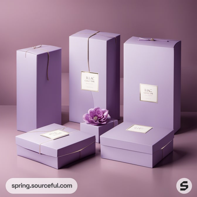 Purple gift boxes with elegant design and ribbons.