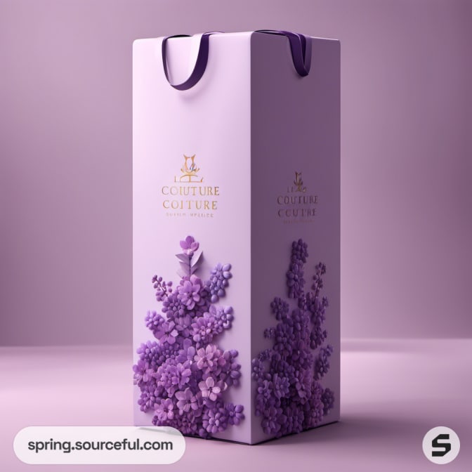 Tall gift box with lilac floral design on purple background.