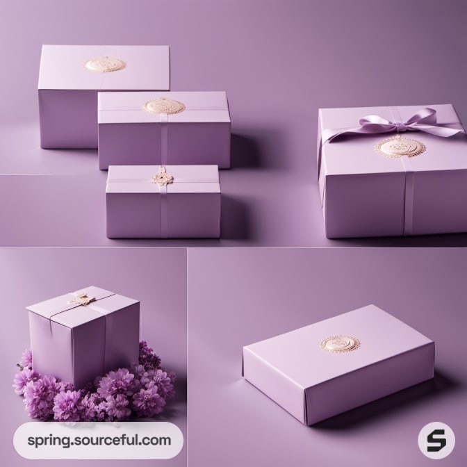 Various lilac gift boxes with floral accents and gold seals.