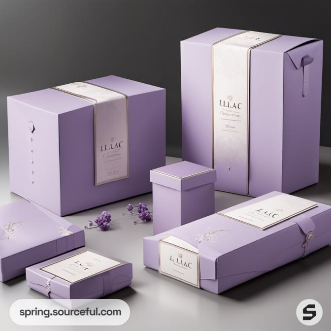 Assorted purple gift boxes with white labels on gray backdrop.