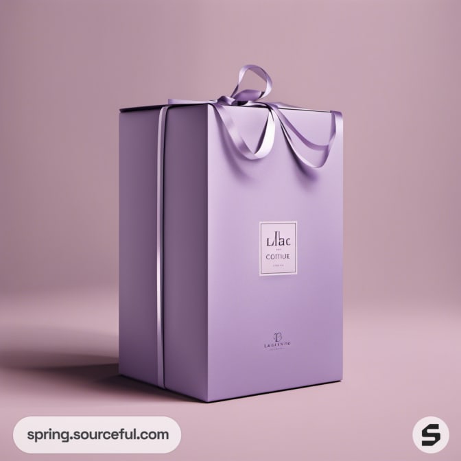 Tall purple gift box with ribbon and white label.