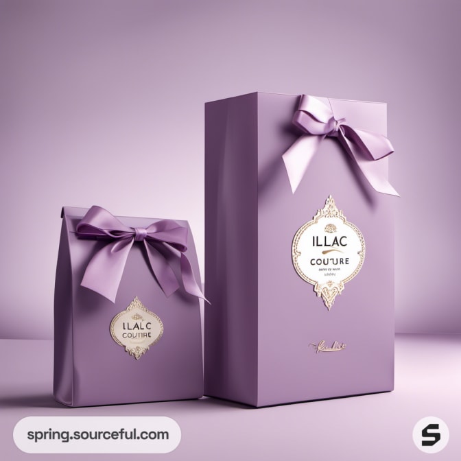 Two purple gift bags with bows and decorative labels.