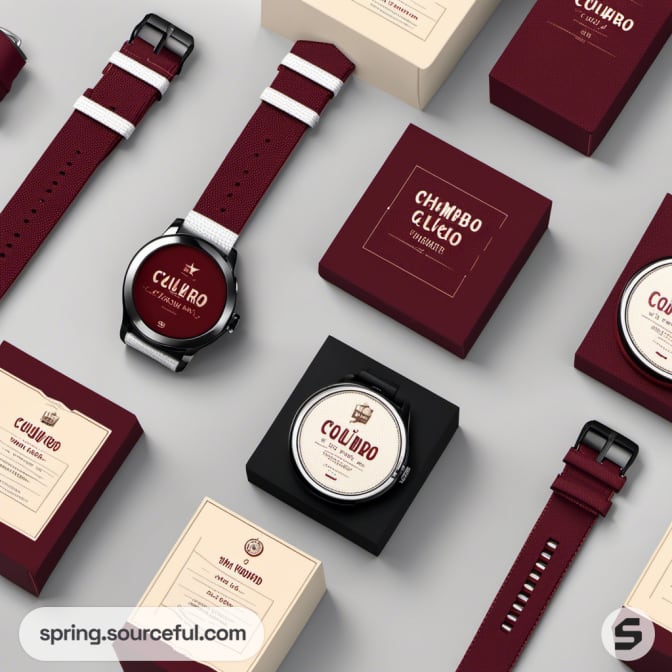 Watch packaging in red and beige, includes smartwatches and straps.