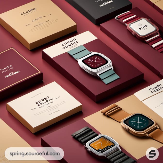 Various watches with square cases on red and beige boxes.