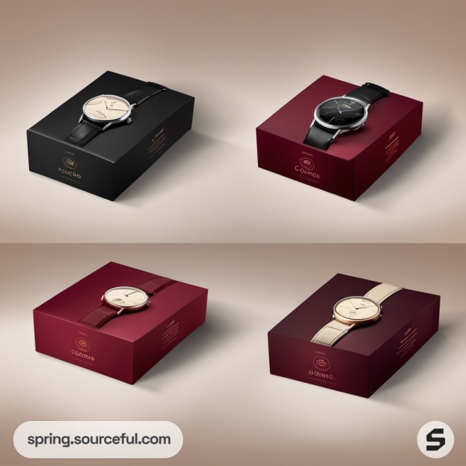 Watches with black or maroon straps in sleek, branded boxes.