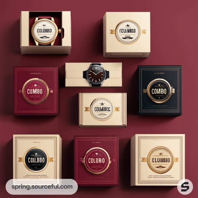 Assorted watches in red and beige boxes, circular and square designs.