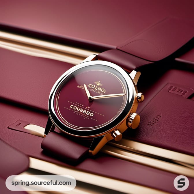 Close-up of a luxurious maroon watch on textured background.