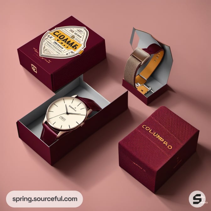 Open red watch box displaying a beige strapped watch.