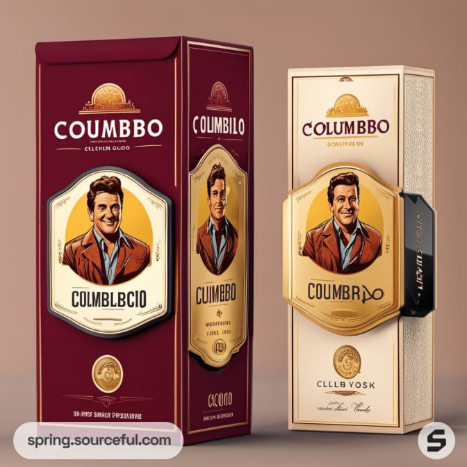 Tall, red and gold carton with a vintage portrait design.