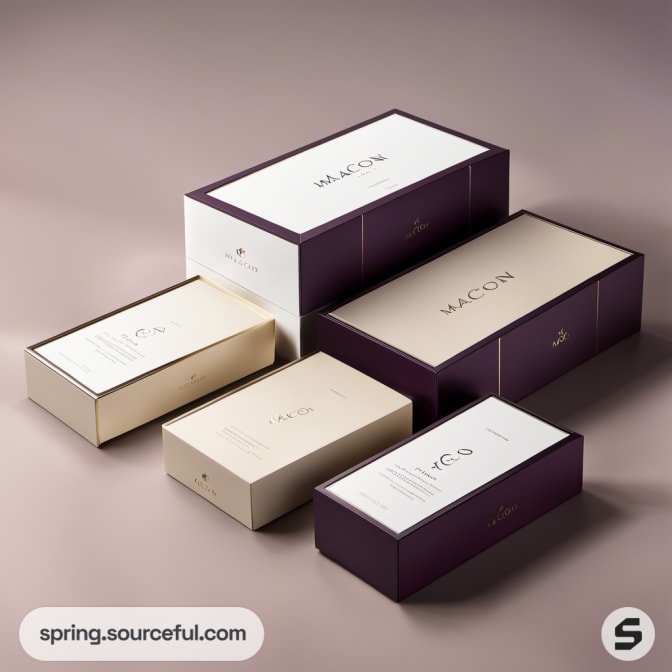 Beige and purple rectangular boxes with minimal design.