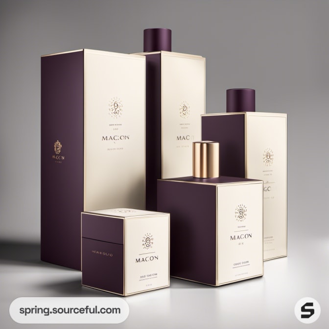 Purple and beige boxes with gold accents on gray surface.