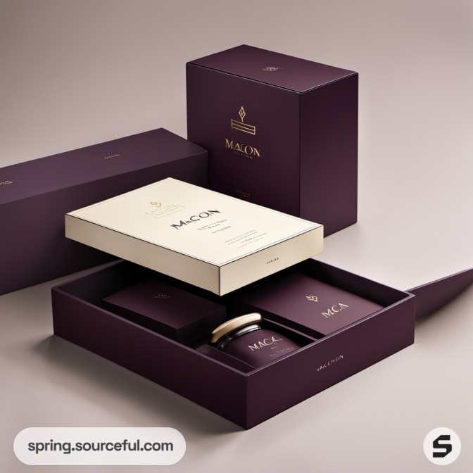 Open purple box with items displayed inside.