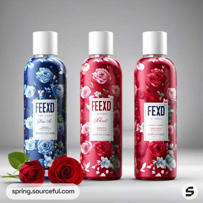 Three floral patterned shampoo bottles with roses in blue, pink, and red designs.