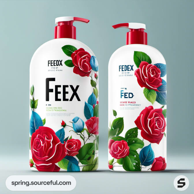 Two pump bottles with red rose designs, one large and one medium.