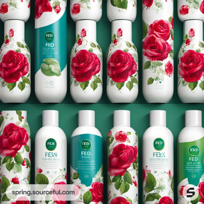 Various floral patterned bottles with red roses on a teal background.