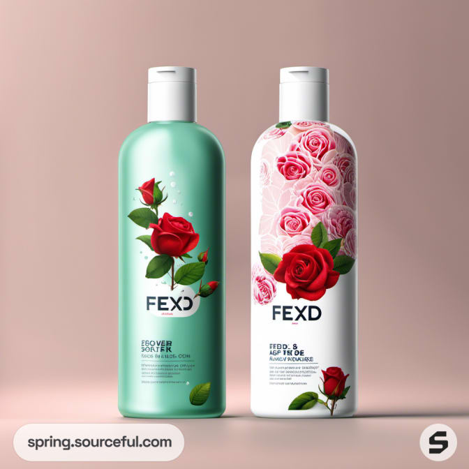 Two shower gel bottles, one green with a red rose, the other white with pink roses.