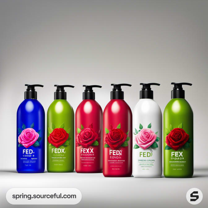 Six pump bottles with rose graphics in blue, green, and red.