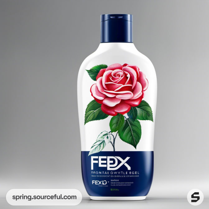 A shampoo bottle with a pink rose graphic on a white background.