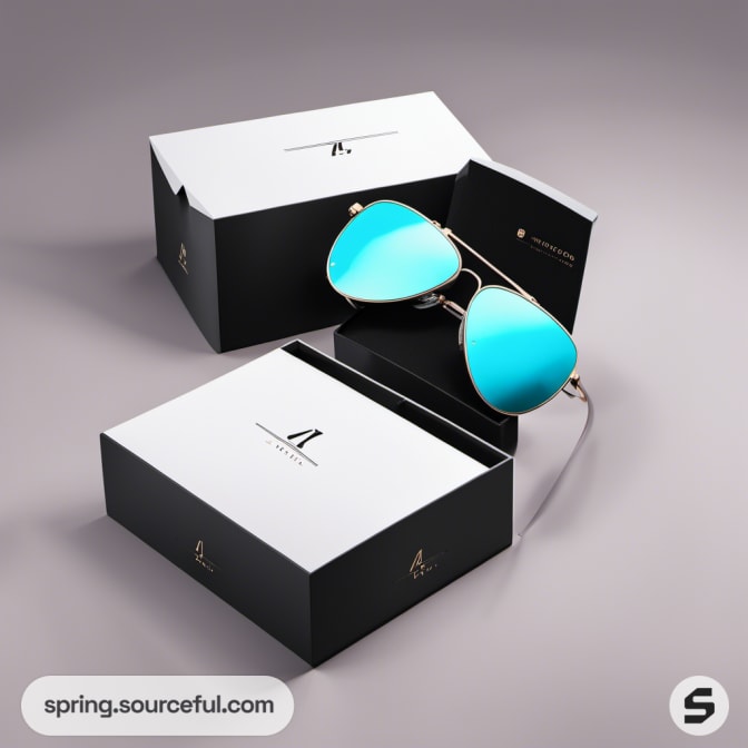 Black box with teal aviator sunglasses on a gray background.