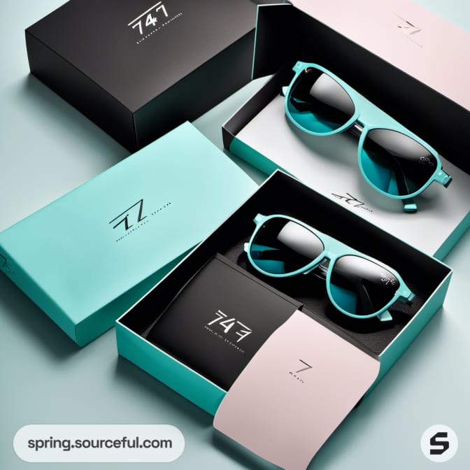 Teal sunglasses in black and teal boxes on a light blue background.