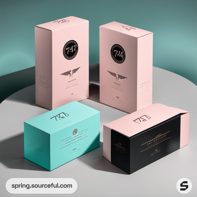 Tall pink and black boxes with branding on a teal background.