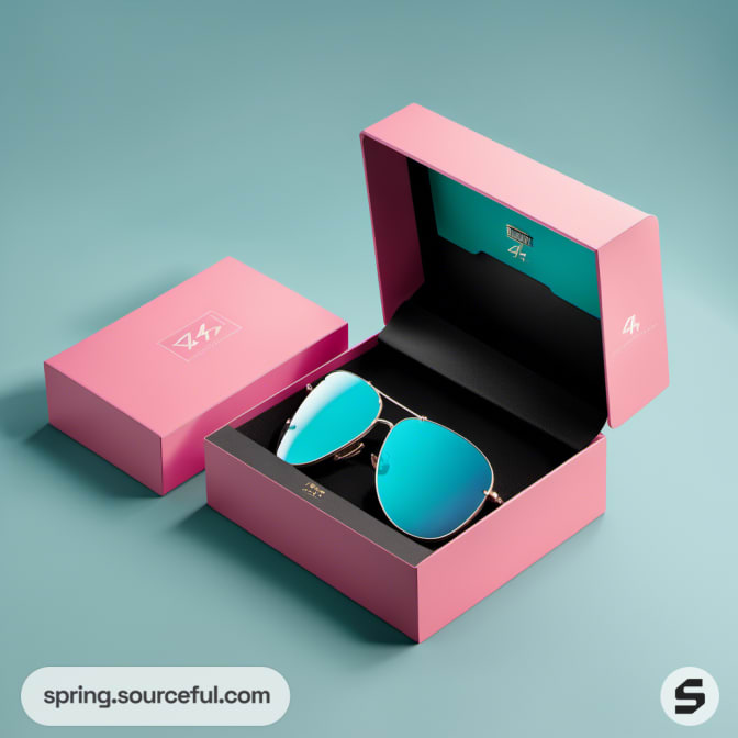 Pink box open with teal aviator sunglasses inside on a teal background.
