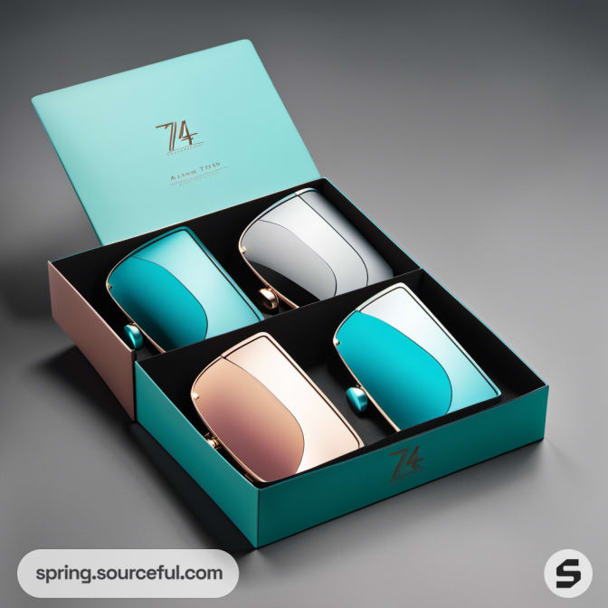 Open teal box with three sunglasses inside against gray background.
