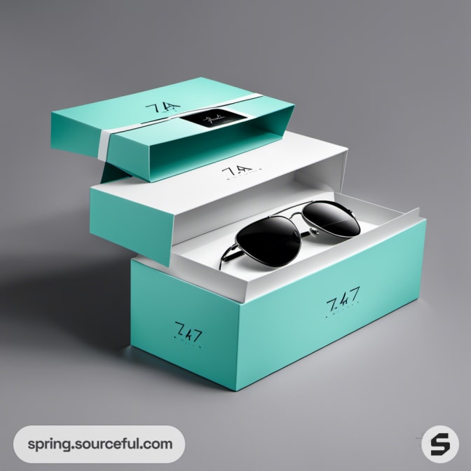 Stacked teal boxes with silver sunglasses on a gray background.