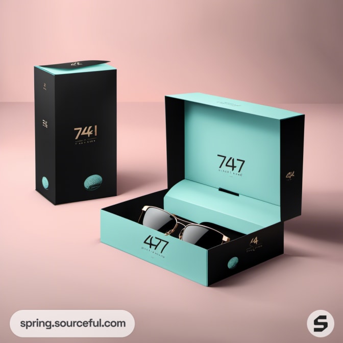 Teal sunglasses in open black and teal box on pink background.