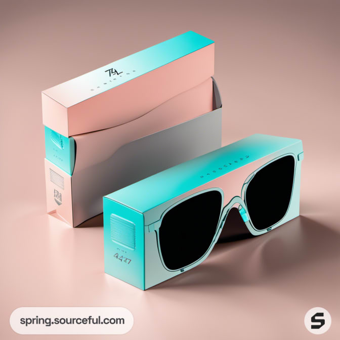 Gradient pink and teal box with large sunglasses on pink surface.