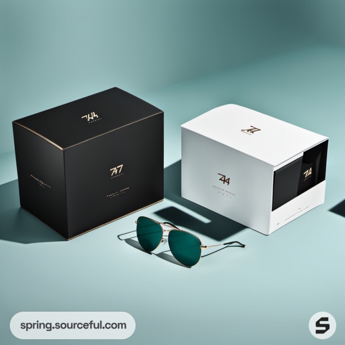 Black and white boxes with green aviators on a teal background.