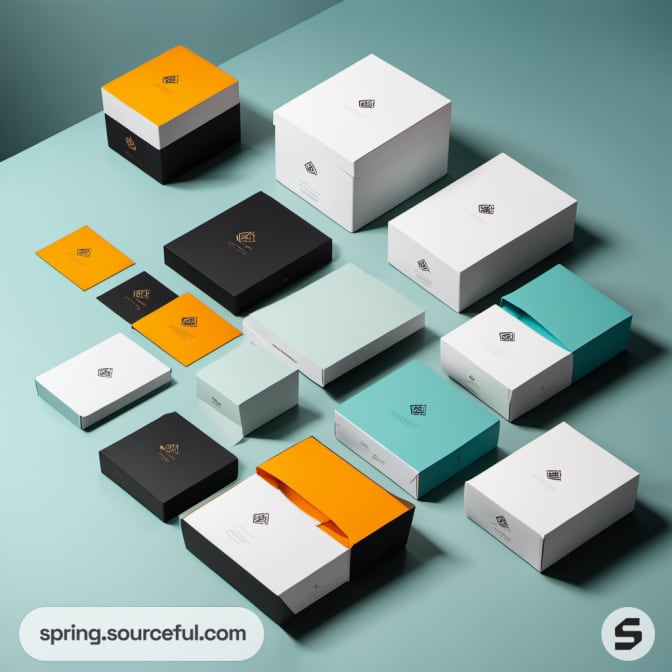 Black, white, and orange boxes with minimalist design on a teal surface.