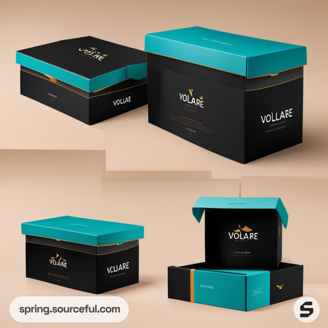 Black and teal boxes with elegant design on a beige background.