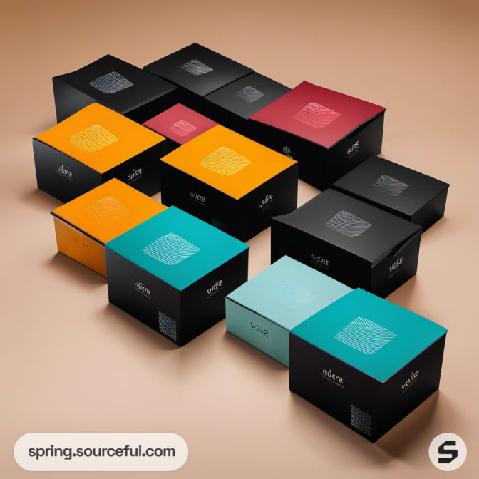 Black, orange, teal boxes with embossed pattern on a beige surface.