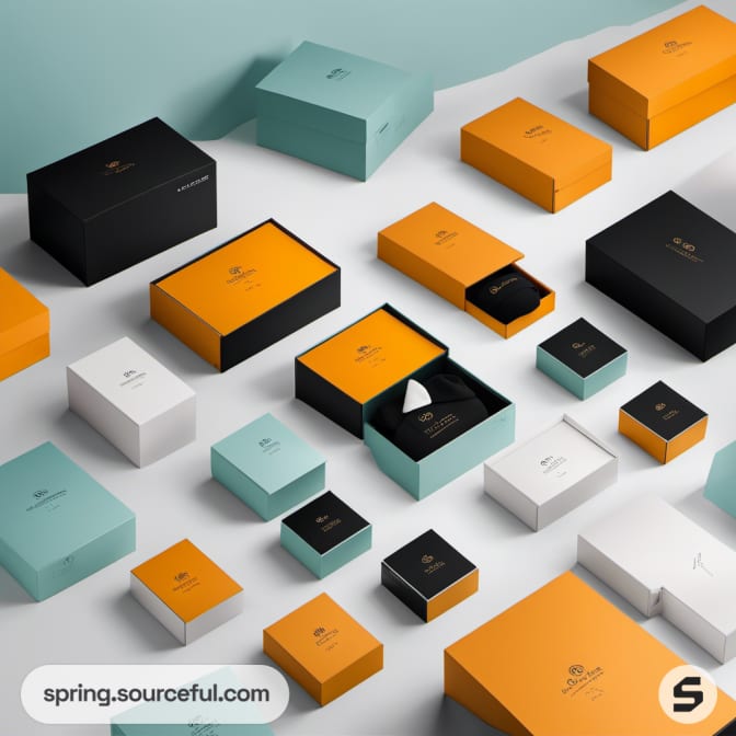 Assorted black, orange, teal boxes with inner compartments on a teal background.