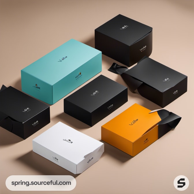 Black, teal, orange boxes with tear strip on beige surface.